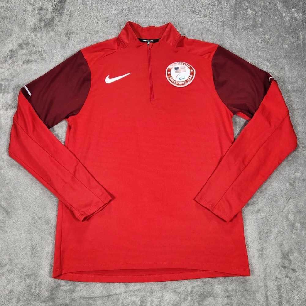 Nike United States Paralympic Team Shirt Mens Large Red Running Dri Fit 1/4 Zip